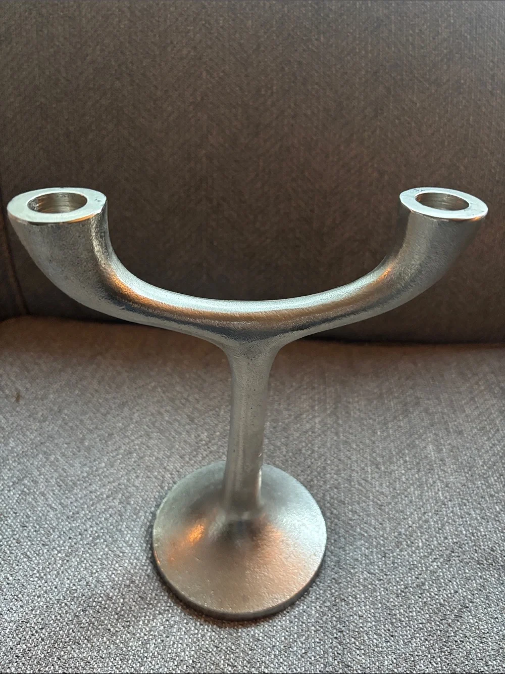 Crate & barrel Sleek Silver Double-Arm Candle Holder - Modern Home Dining Accent